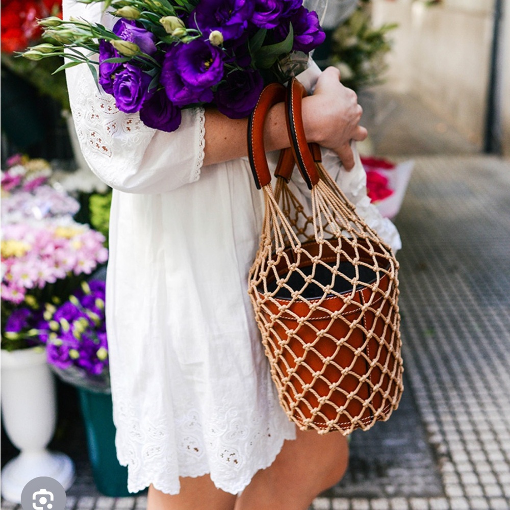 STAUD Tan Net Bucket Bag “Moreau Bag”